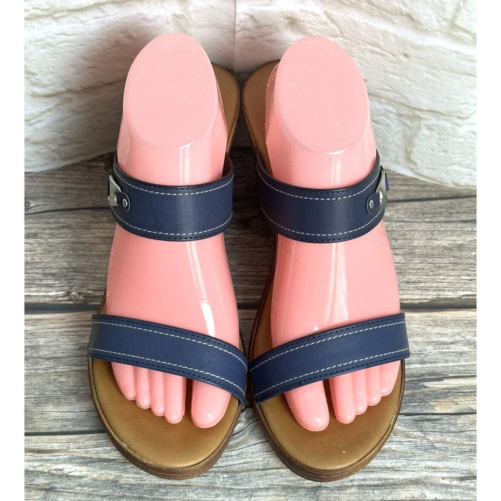Italian Shoemaker Sandals Wedge‎ Navy Blue Leather Straps Fits 10 M